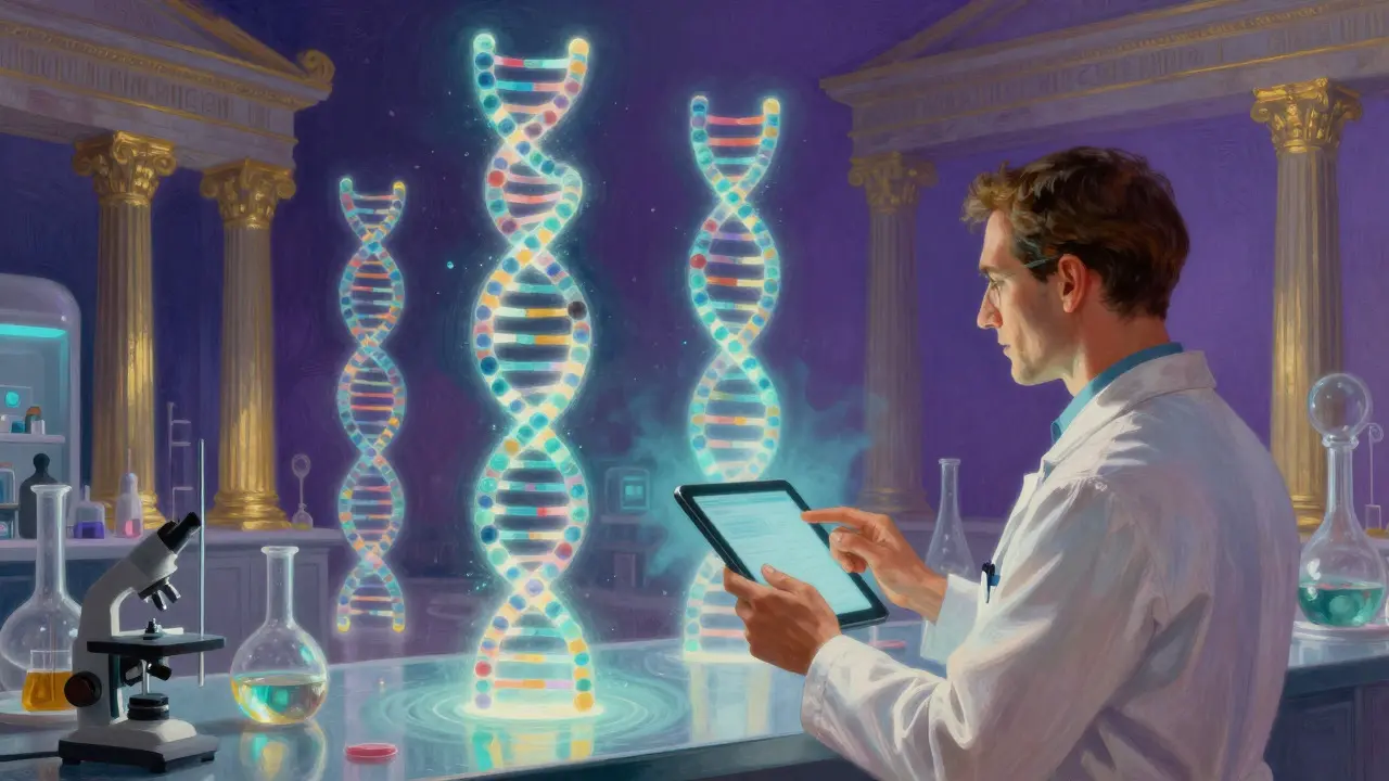 Estructuras genéticas brillantes simbolizando pruebas farmacogenéticas