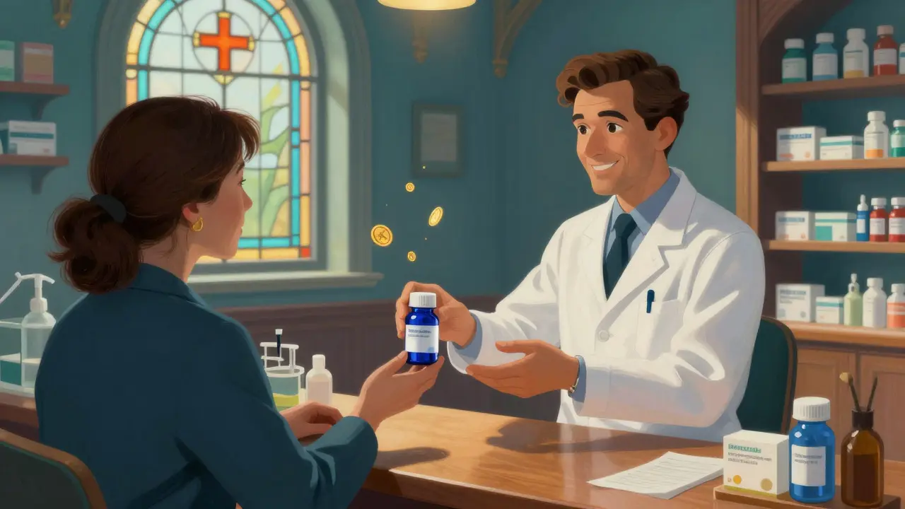 Farmacéutico entregando medicamento en una farmacia segura y confiable.