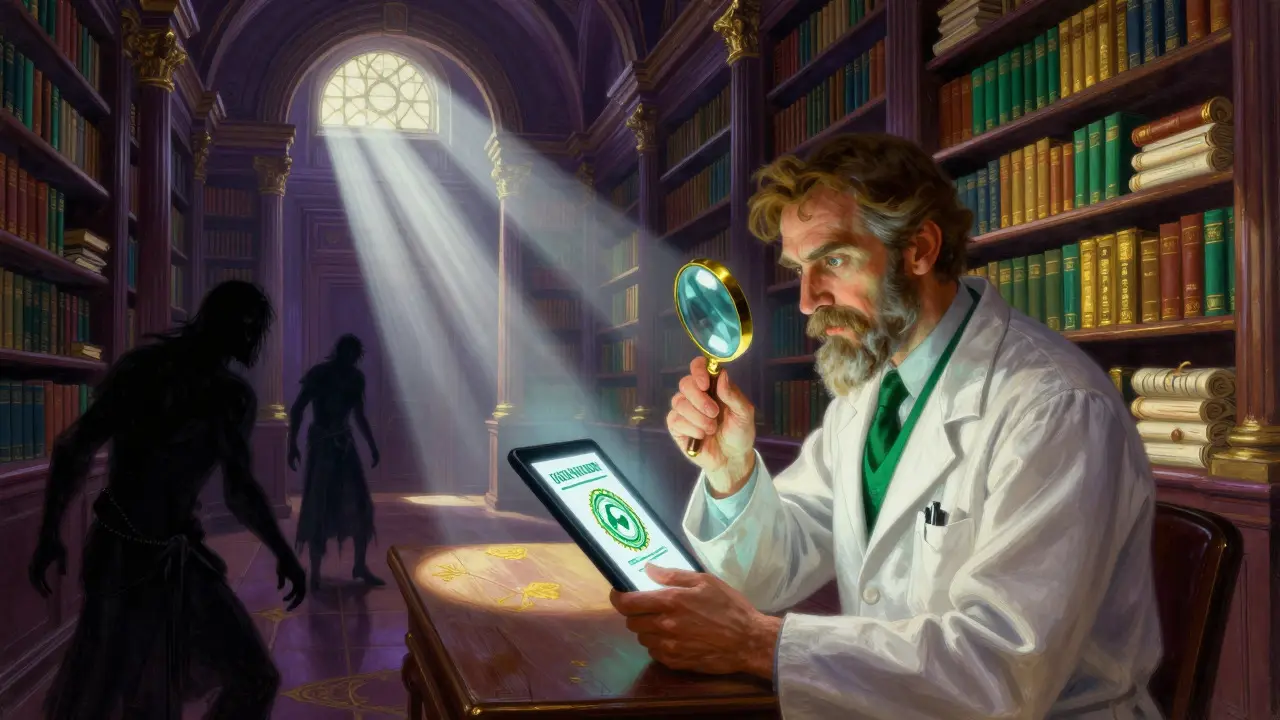Farmacéutico verificando una receta en una biblioteca mística y brillante.