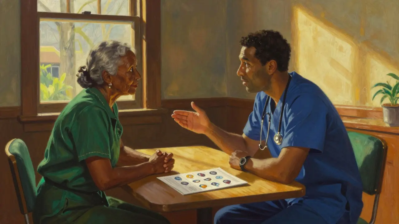 Farmacéutico y paciente anciano conversando cálido en una consulta iluminada por el sol