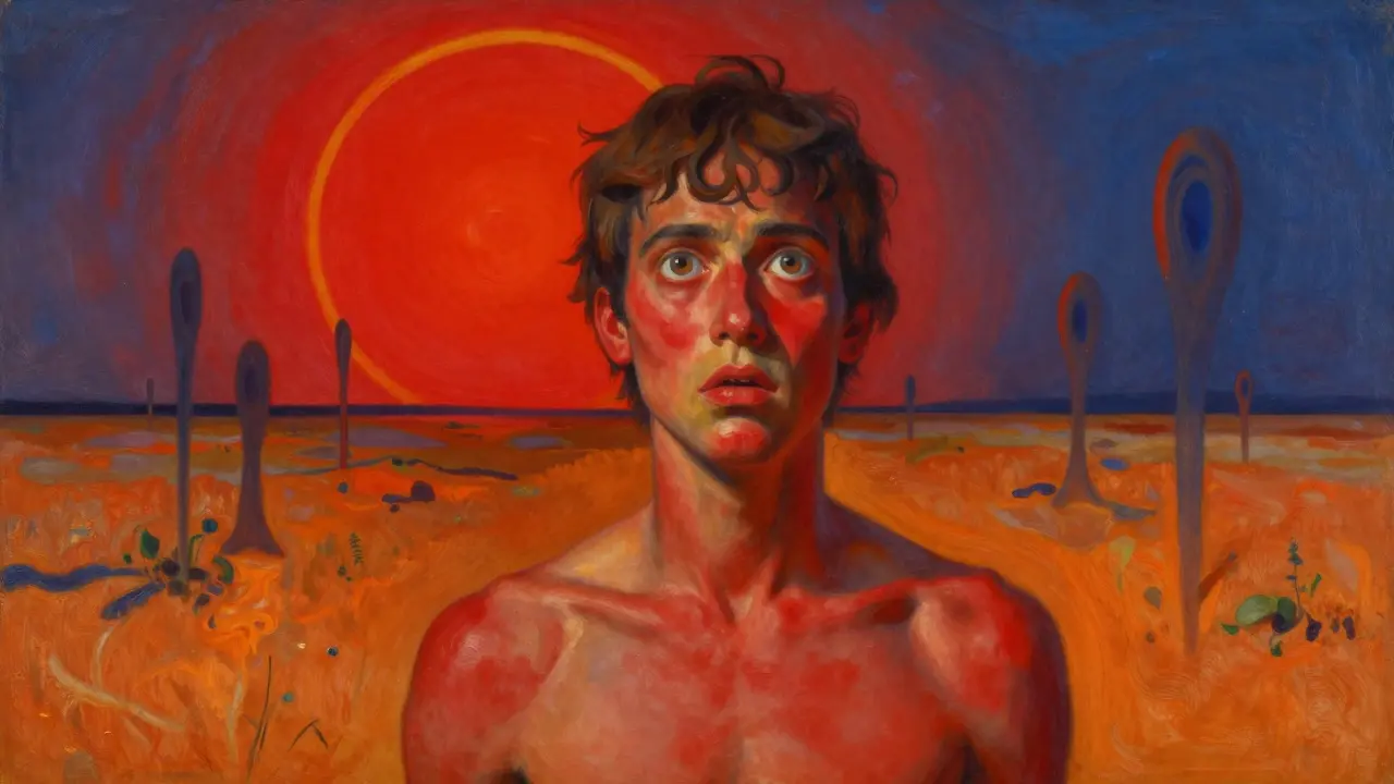 Figura bajo sol rojo intenso con pupilas dilatadas y alucinaciones distorsionadas