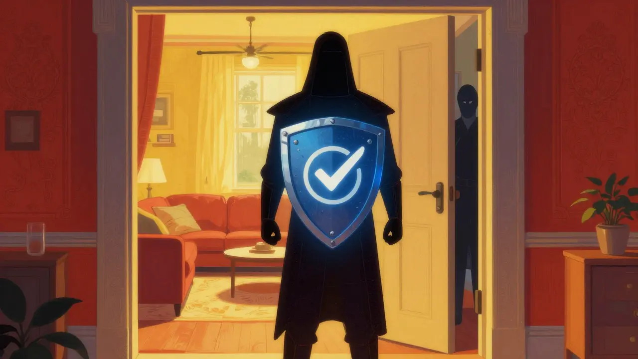 Figura protectora con escudo frente a una puerta segura y acogedora