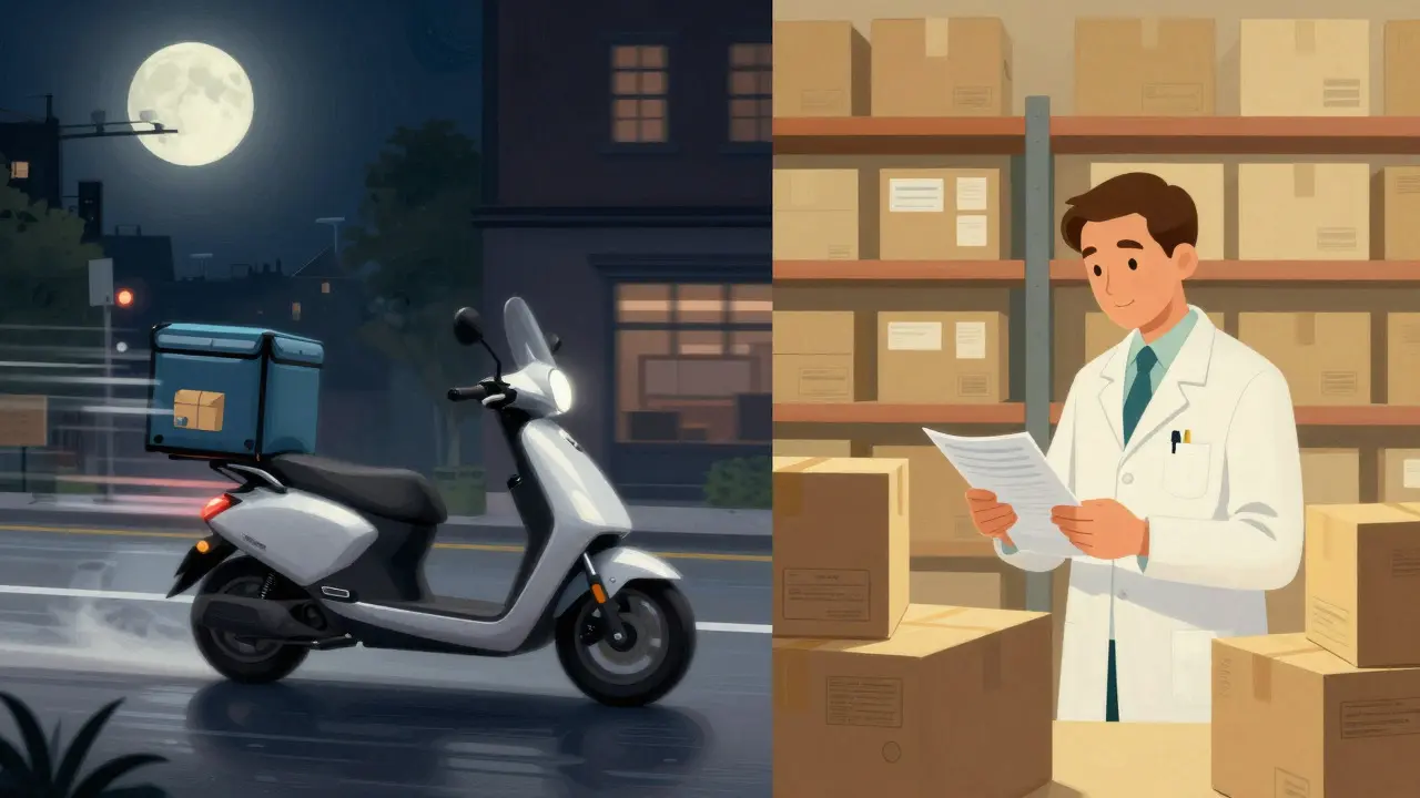 Ilustración comparativa entre entrega rápida por moto y farmacia online tradicional