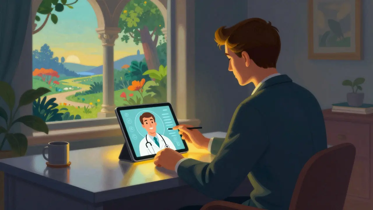 Ilustración estilo Maxfield Parrish: figura obtiene receta médica segura mediante telemedicina en una atmósfera luminosa y confiable.