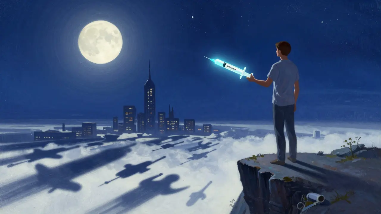 Ilustración futurista estilo Parrish: paciente con nueva insulina semanal bajo un cielo estrellado esperanzador