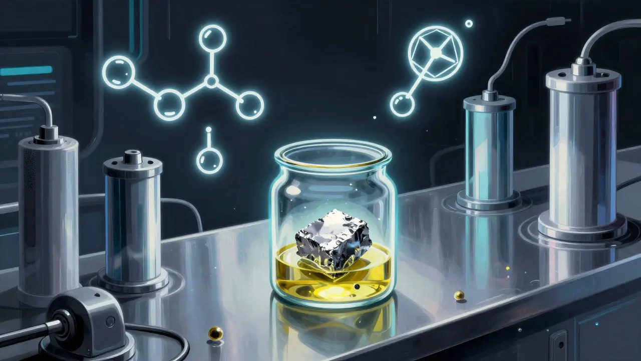 Metal de litio reactivo brillando en un laboratorio futurista con detalles científicos.