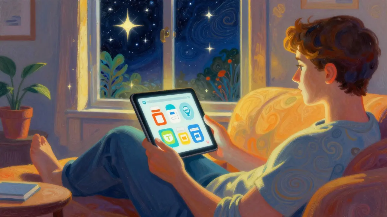 Persona relajada usando tablet para telemedicina en casa con luz mágica