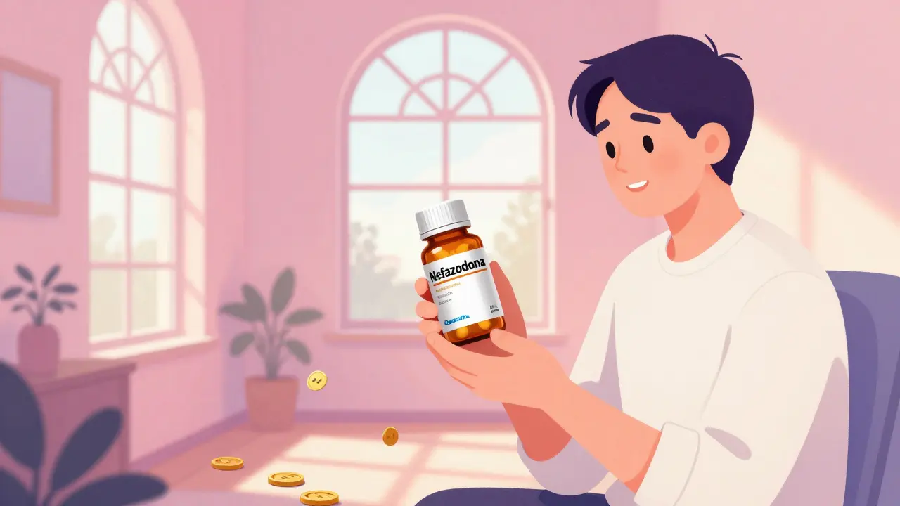 Persona sosteniendo medicación genérica en una habitación iluminada con luz cálida, simbolizando seguridad y ahorro económico.