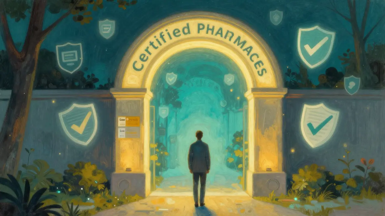 Puerta brillante simbolizando farmacias canadienses seguras y certificadas