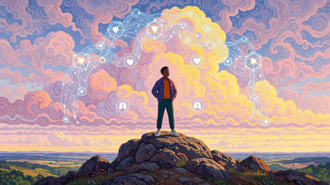 Arte conceptual de estilo Maxfield Parrish sobre el futuro de la IA y la reducción de daños para prevenir sobredosis.