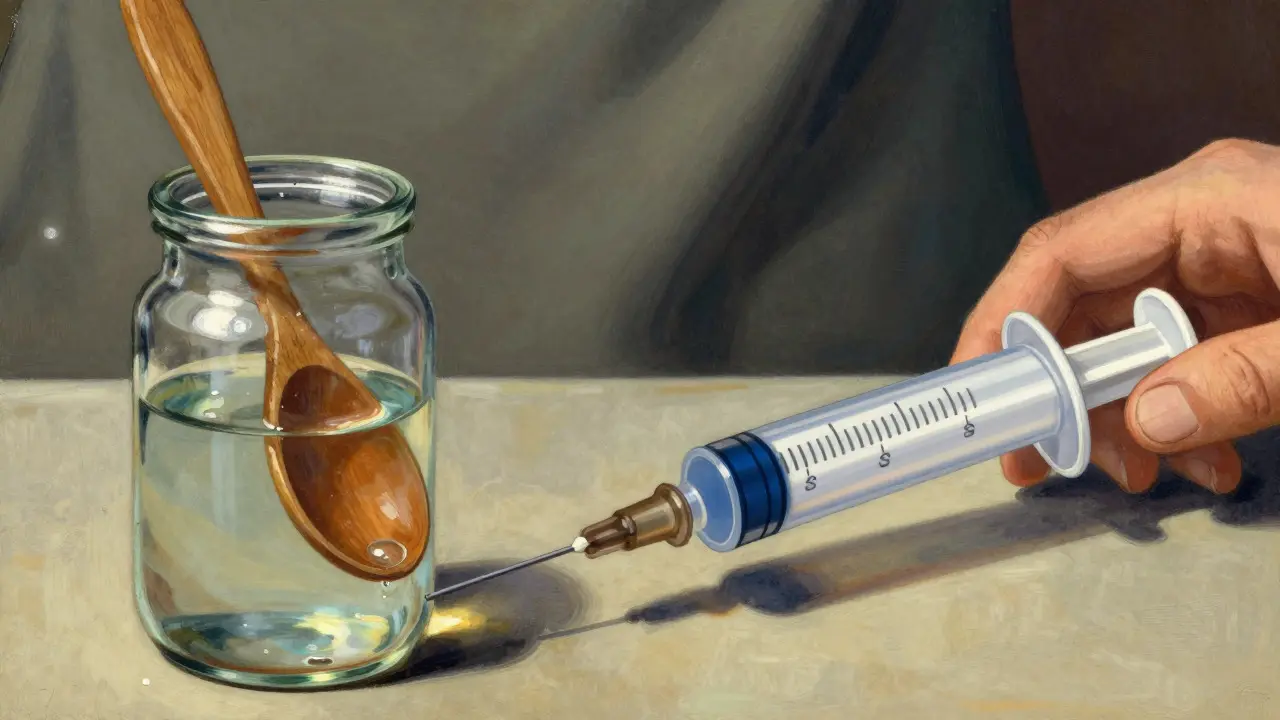 Comparación entre una cuchara de madera imprecisa y una jeringa oral precisa para medir medicina