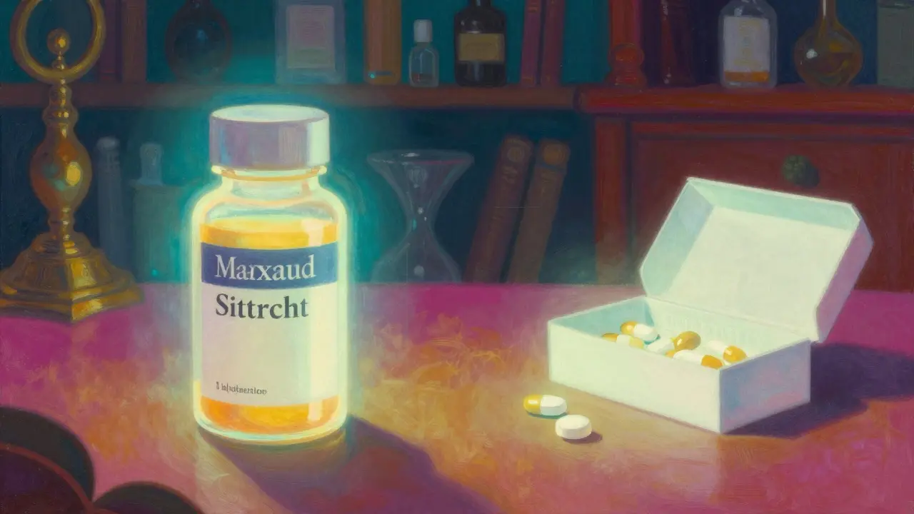 Comparación simbólica entre medicamento de marca y genérico con iluminación mágica