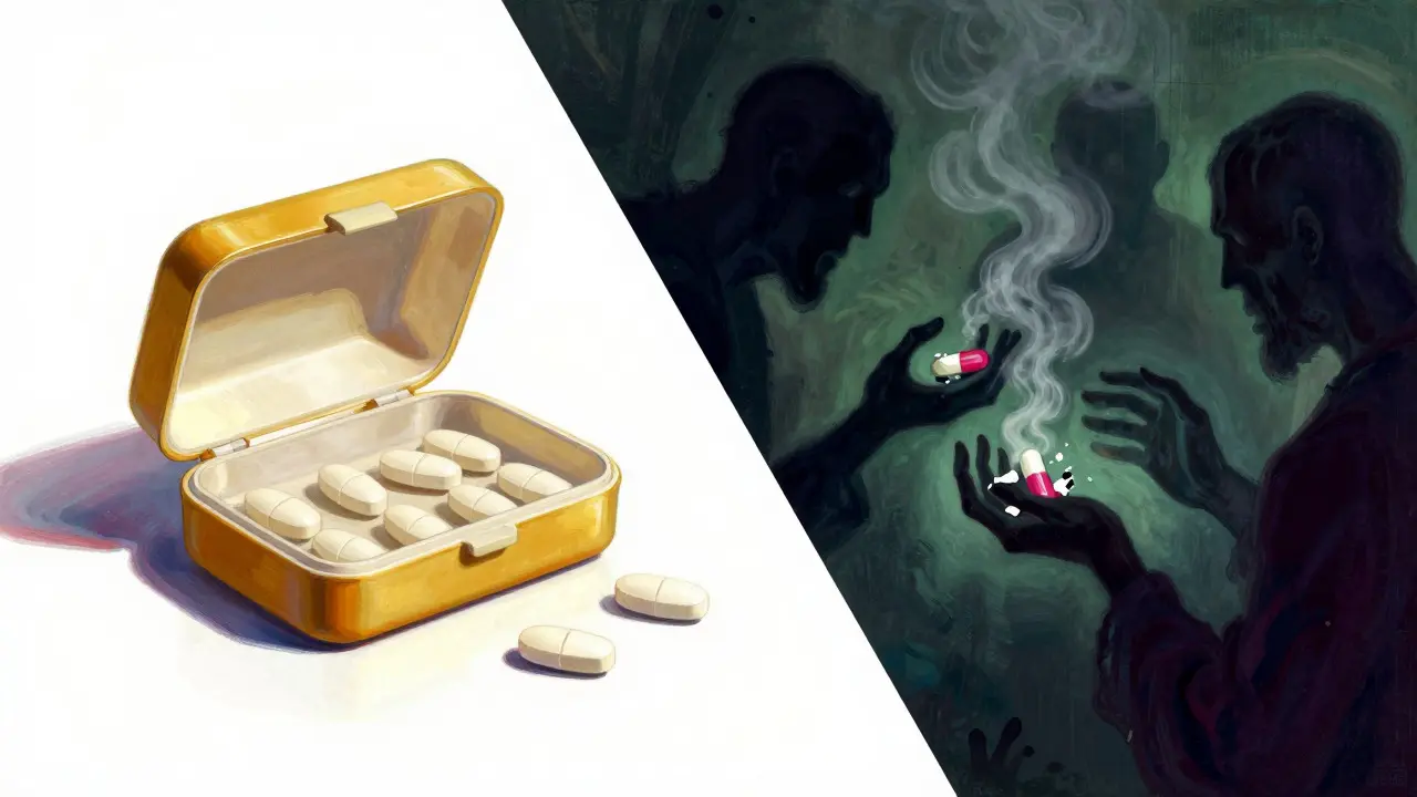 Contraste entre pastillas auténticas doradas y falsificaciones tóxicas en sombras.