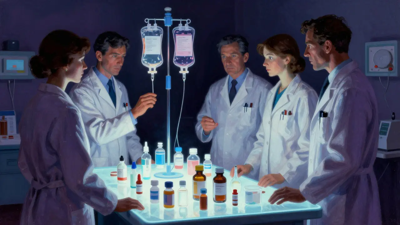 Equipo médico revisando medicamentos en entorno clínico azul