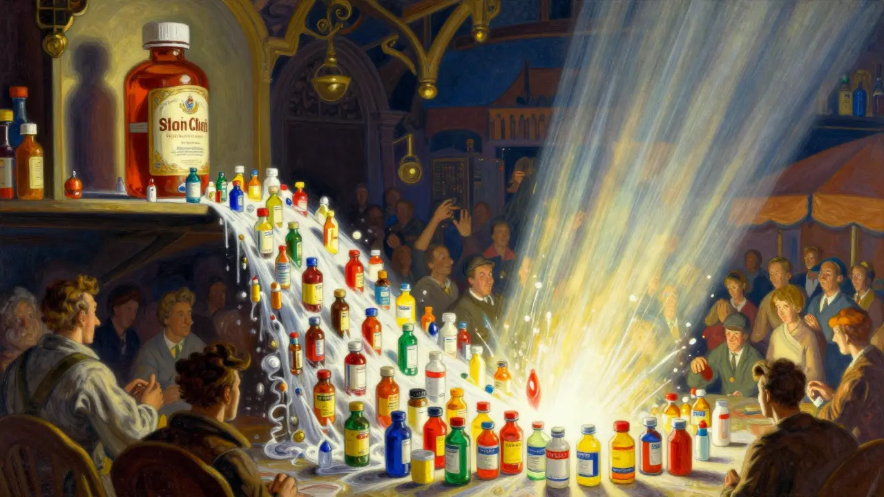Escena artística de una botella de marca y una cascada de genéricos simbolizando la competencia