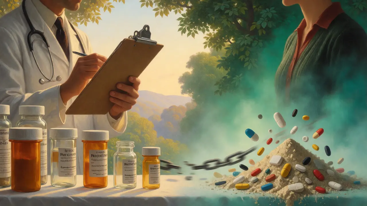 Escena ilustrada que contrasta la medicina clínica con las drogas recreativas no detectadas por apps, en estilo Maxfield Parrish.