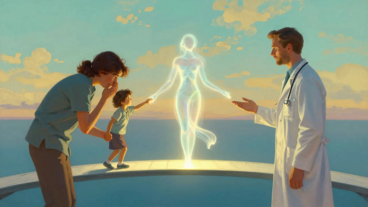 Estilo Maxfield Parrish: un puente de luz conecta a paciente y médico mediante un intérprete profesional