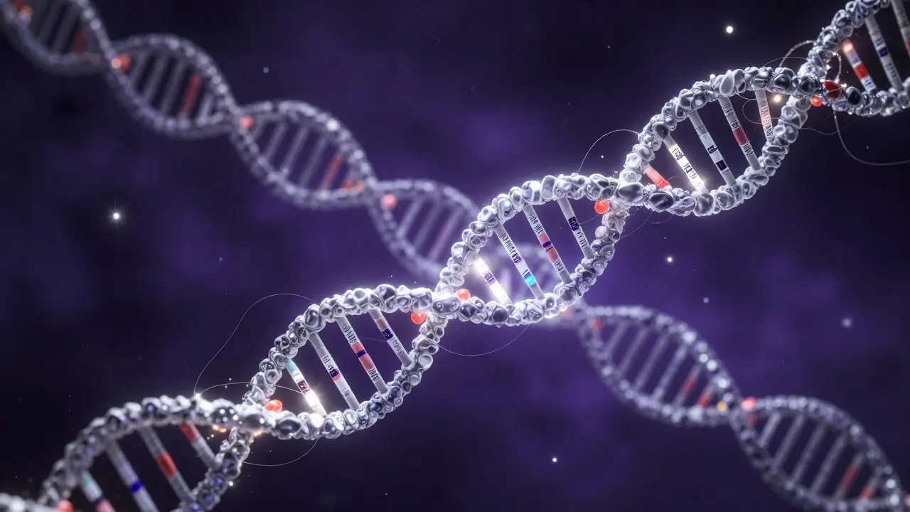 Estructura de ADN flotante en un espacio cósmico con tonos púrpuras y blancos luminosos