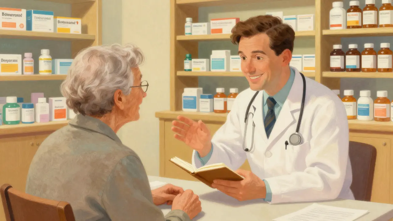 Farmacéutico explicando un plan de seguridad a un paciente mayor
