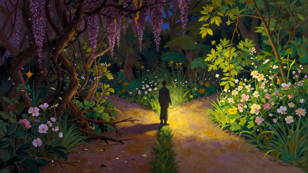 Jardín al atardecer con dos caminos: uno oscuro y otro claro, simbolizando opciones médicas