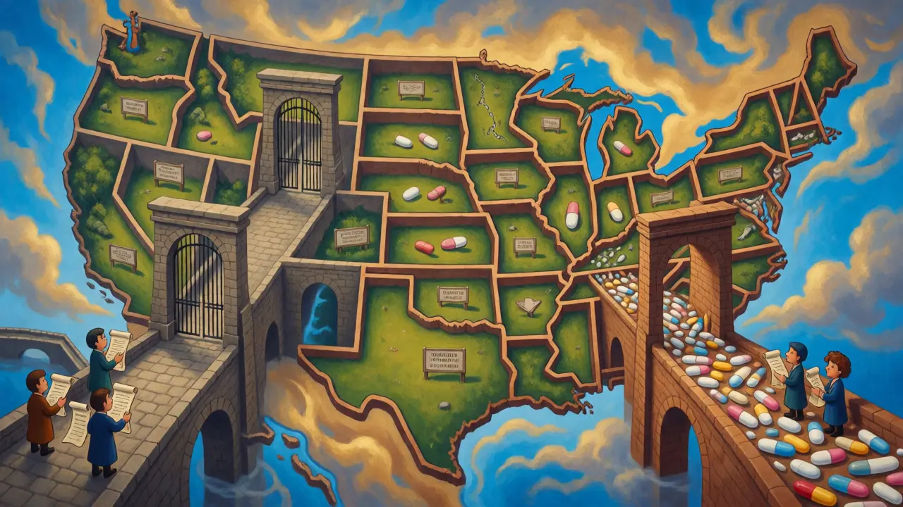 Mapa surrealista de EE.UU. con barreras estatales para medicamentos