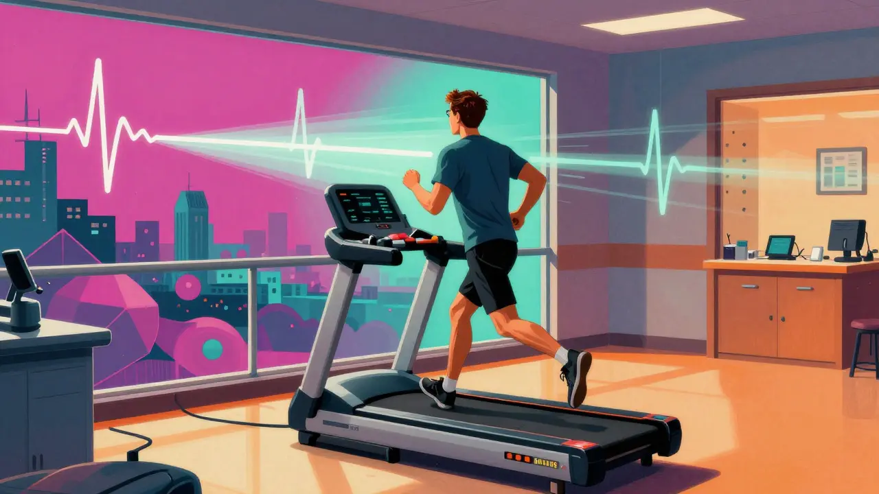 Paciente en cinta de correr con visualización abstracta de datos vitales