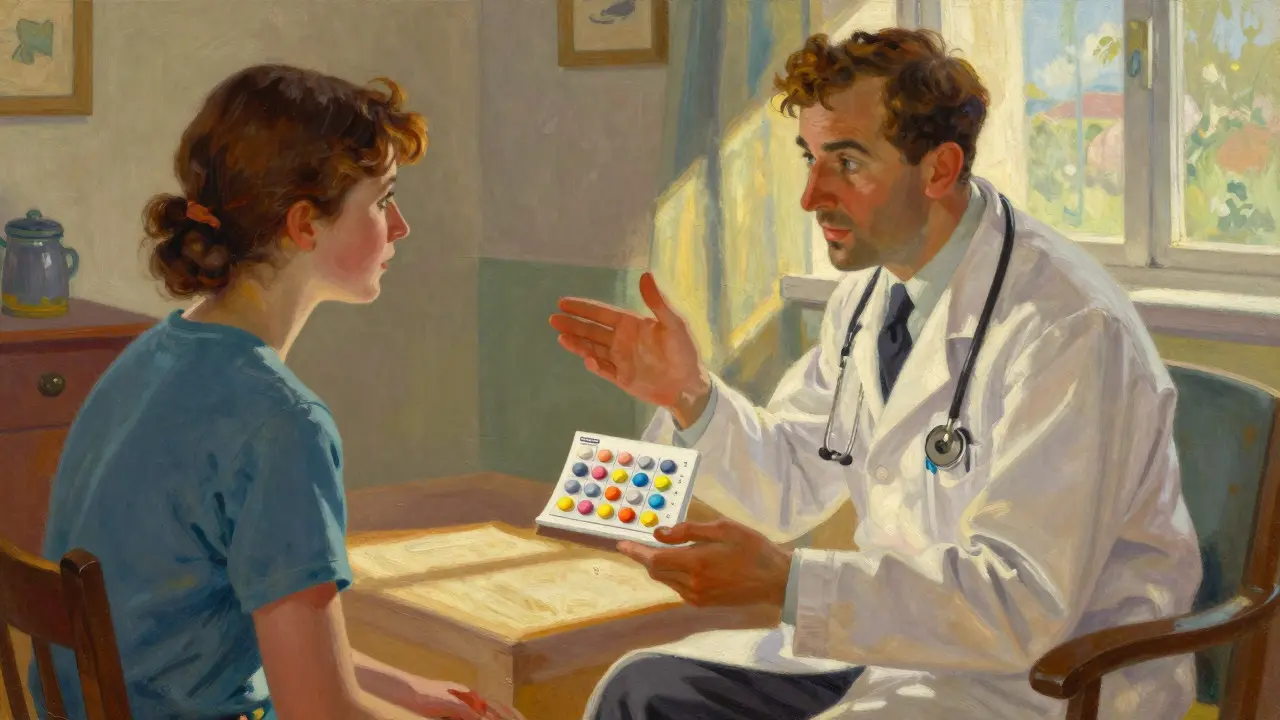 Paciente explicando su tratamiento al médico usando la técnica teach-back en estilo Maxfield Parrish