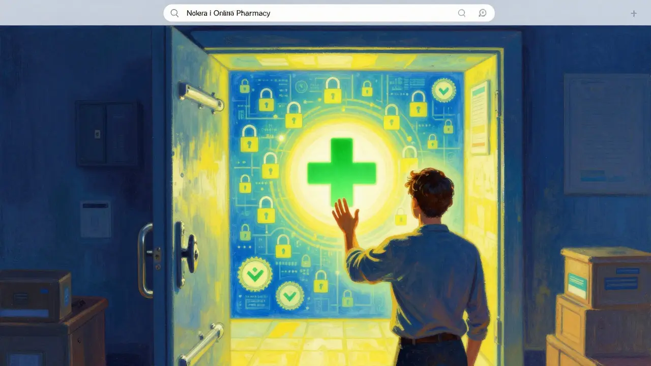 Portal seguro de farmacia online con símbolo de cruz verde y sellos de verificación