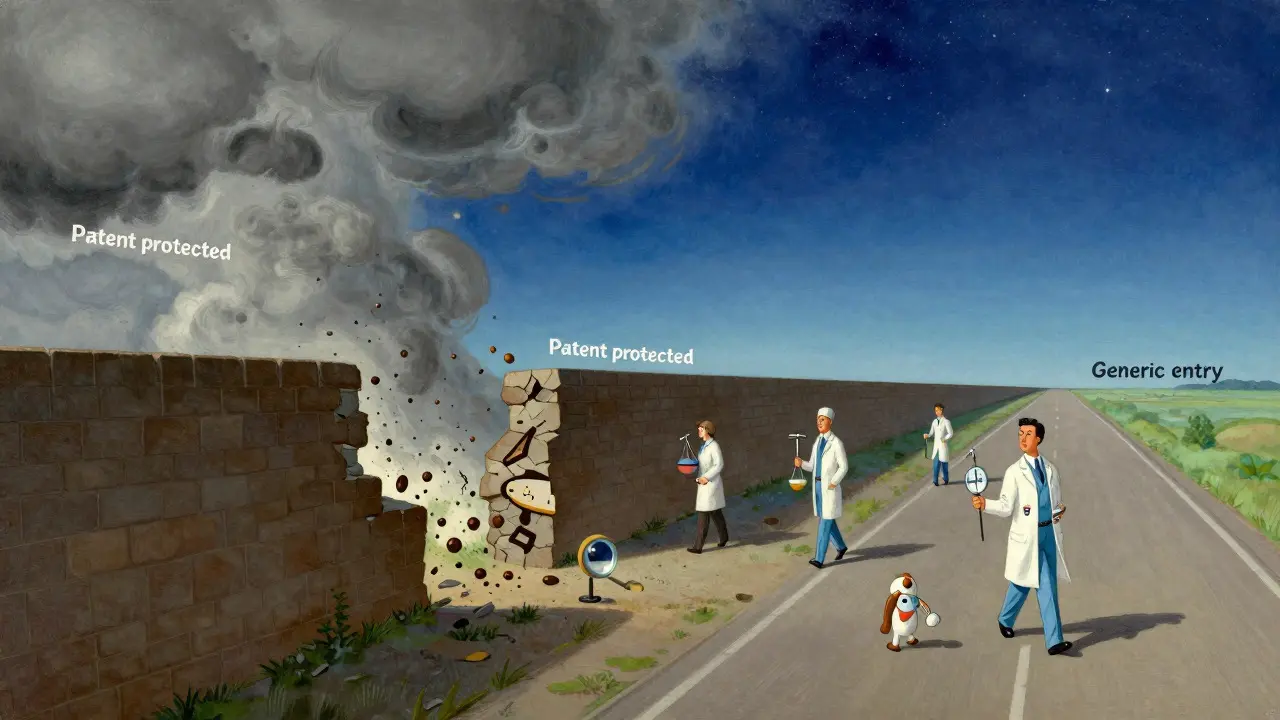 Representación conceptual de una barrera de patente que se desvanece revelando un camino claro