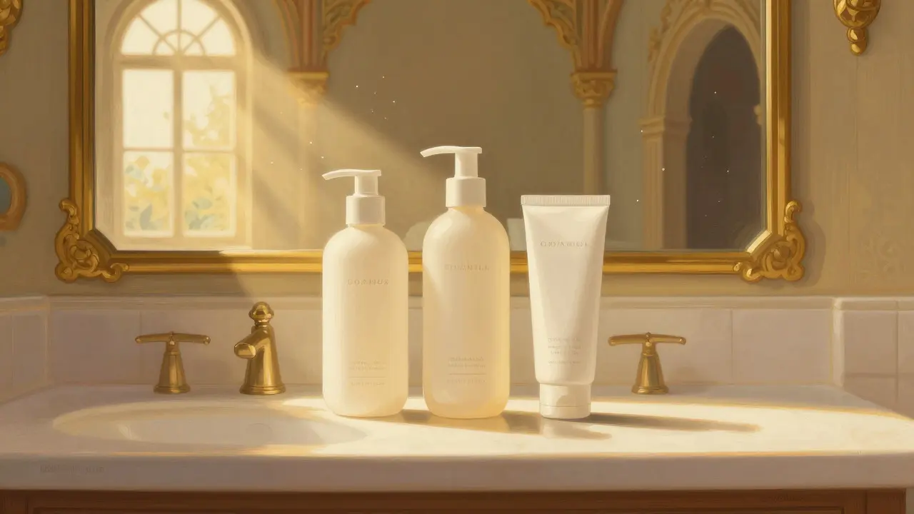 Rutina minimalista de cuidado de piel con tres productos esenciales bajo luz dorada