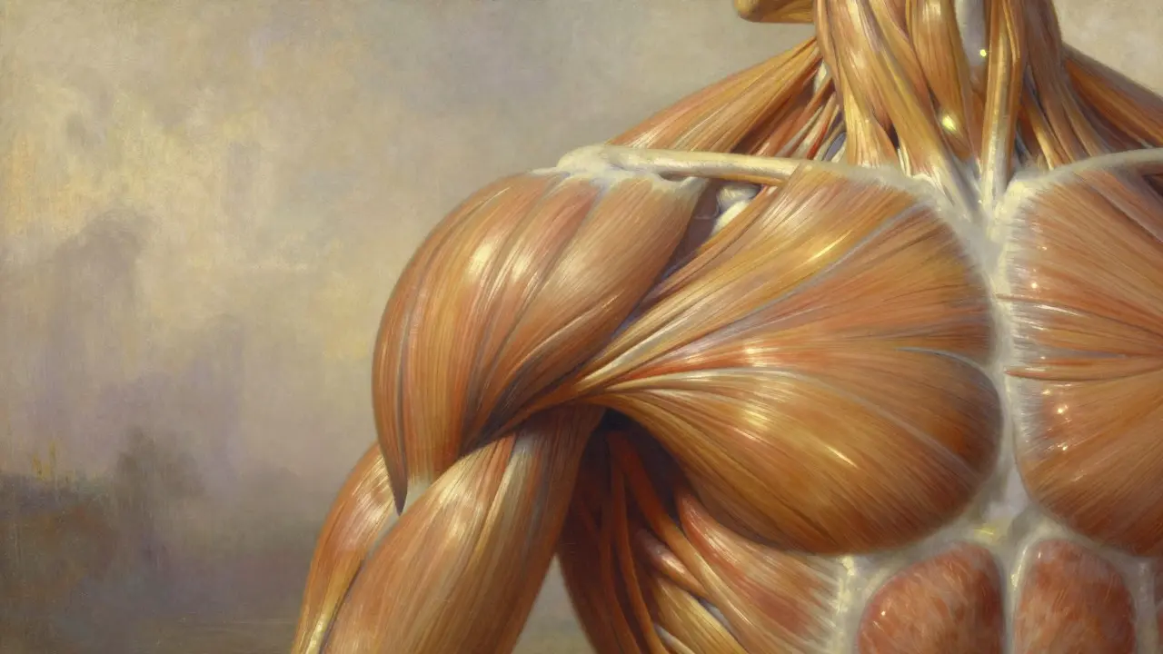 Vista artística del brazo con músculos translúcidos que brillan suavemente desde el interior