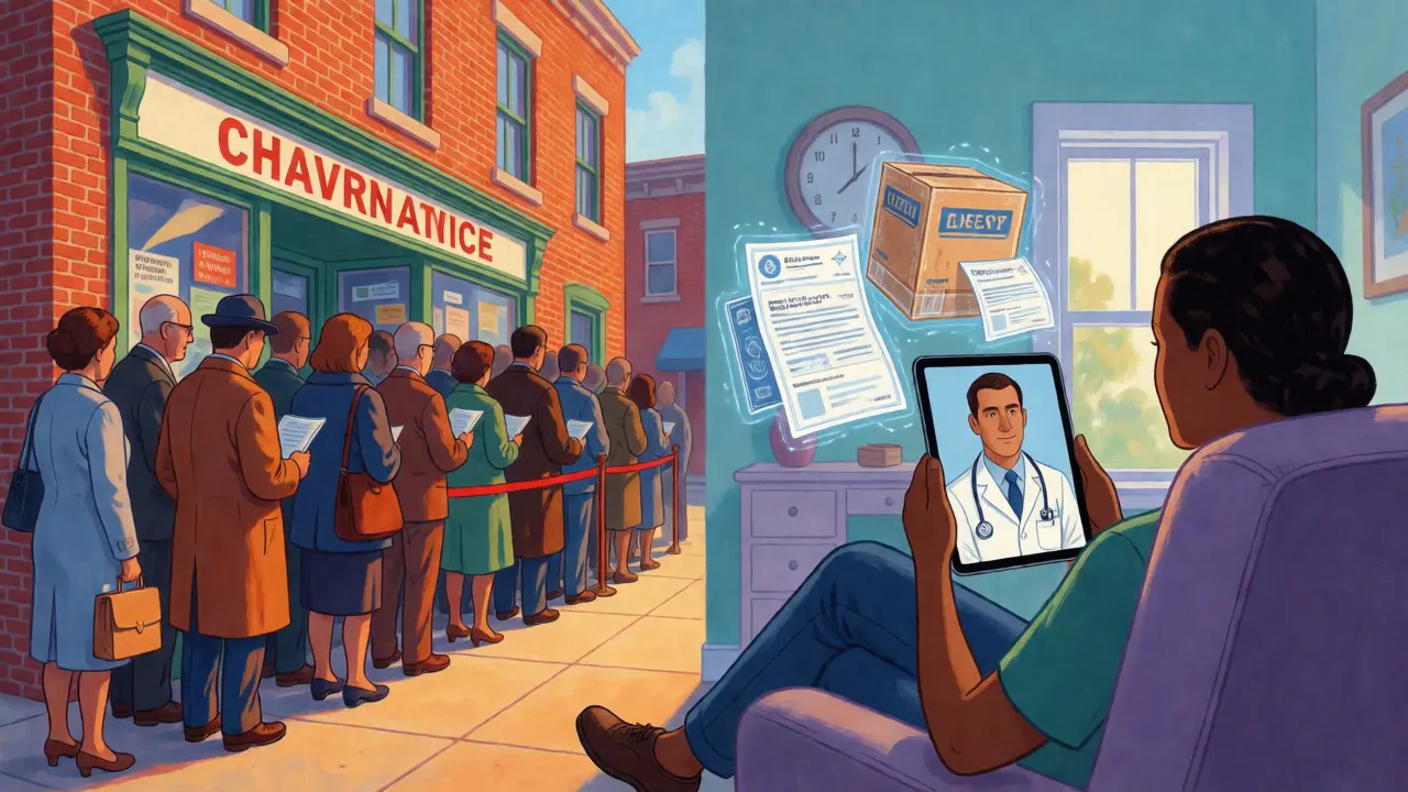 Comparación visual entre la espera en farmacia y la comodidad de la consulta médica por videollamada.