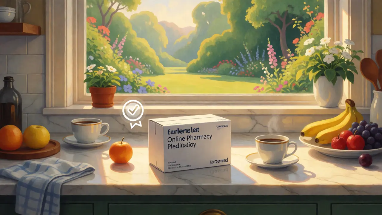 Entrega de medicamentos en una cocina soleada, simbolizando ahorro y tranquilidad en el tratamiento.
